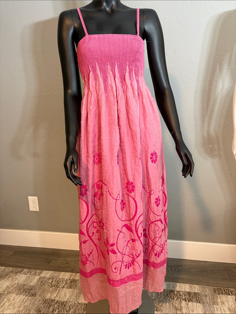 Smocked Pink Floral Maxi Dress with Adjustable Straps